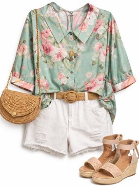 Vintage Floral Collar Shirt - Mint with Pink Roses